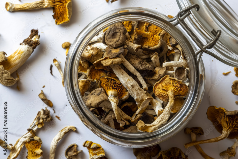 Poster jar for storing dried mushrooms. backdrop with selective focus and copy space