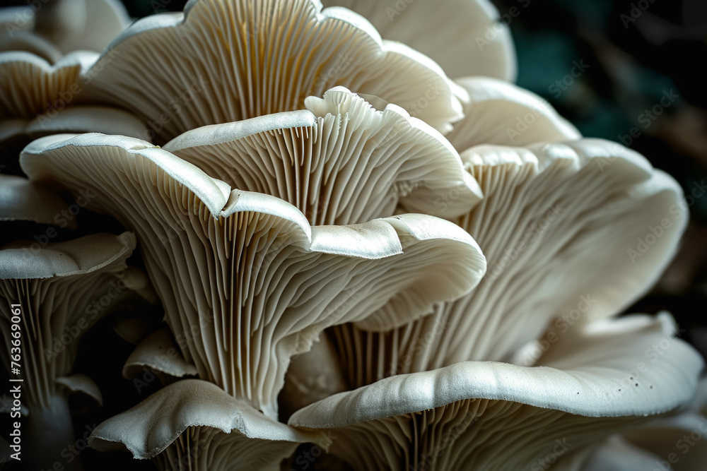 Poster mycelium with mushrooms, bottom view. backdrop with selective focus and copy space