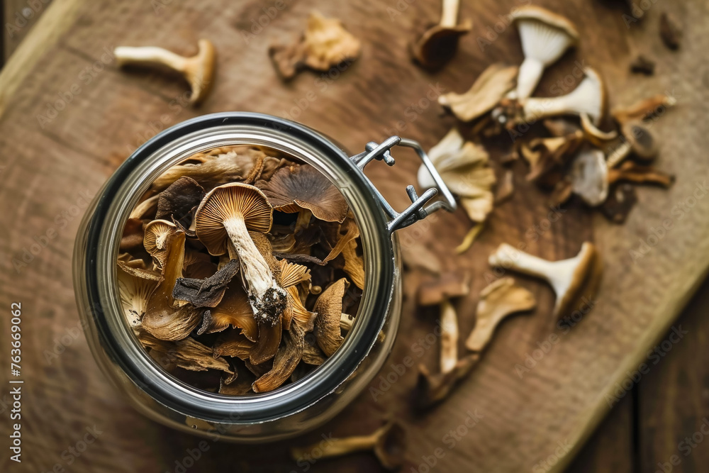 Poster jar for storing mushrooms. backdrop with selective focus and copy space