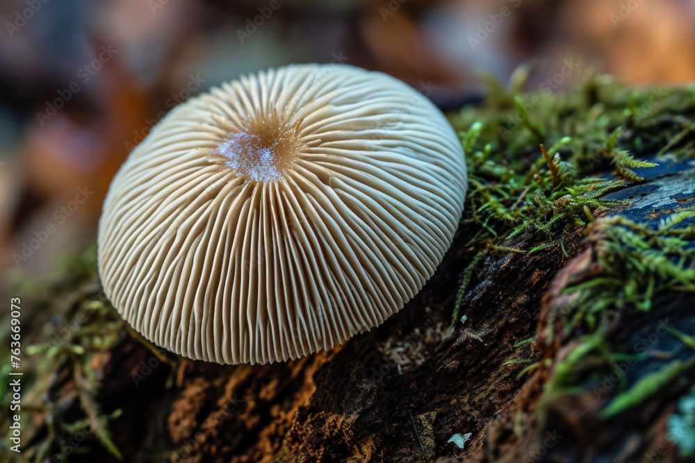 Poster mushroom in the forest. backdrop with selective focus and copy space
