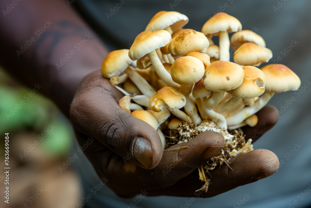 Poster mushrooms in hands close-up. backdrop with selective focus and copy space