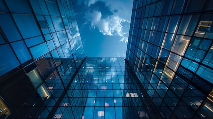 Vertical shot of modern office buildings with big reflective windows under the moonlight