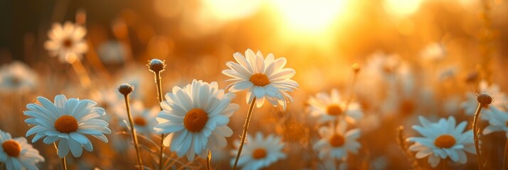 Chamomiles or daisies bloom in a field. Backdrop with selective focus and copy space