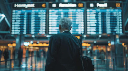 Embark on a journey through surrealism with this cinematic photograph of a businessman at the airport, AI generative enhancements add depth to the hyperreal imagery. - obrazy, fototapety, plakaty