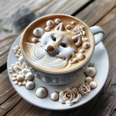 Obraz na płótnie Canvas Immerse yourself in the warmth of a cozy cup of cappuccino featuring a playful husky pattern, a delightful treat for coffee lovers. AI generative technology enhances the realism of the foam art.