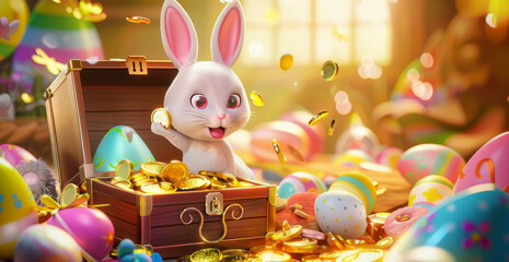  This 3D game art scene features vibrant eggs and bunnies in the background, offering the perfect setting for a hidden object game. AI generative enhancements bring the illustration to life. - obrazy, fototapety, plakaty