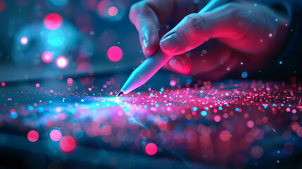 Step into a minimalist workspace where creativity meets precision. This close-up image captures the dynamic interaction between pen and tablet, illuminated by bright studio lighting. AI generative. - obrazy, fototapety, plakaty