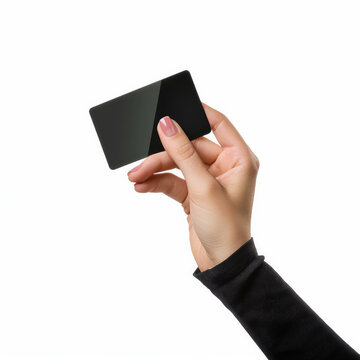 A minimalist image featuring a female hand holding a credit card against a blank background. Perfect for showcasing secure transactions and digital payments. AI generative.