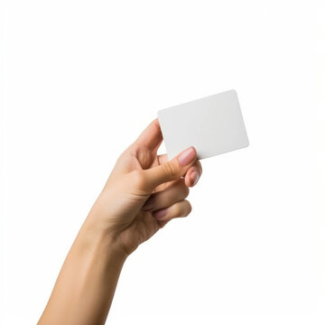 Illustrate the convenience of digital payments with this minimalist image of a female hand holding a credit card against a blank background.AI generative.