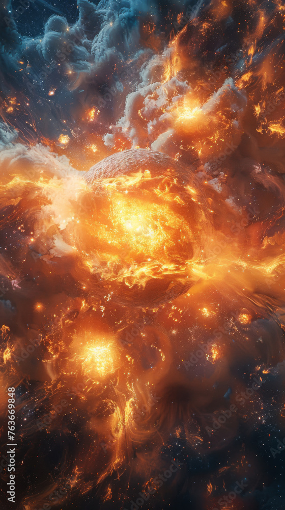 Poster fiery cosmic explosion in deep space - a mesmerizing image showcasing a vast explosion in space, res