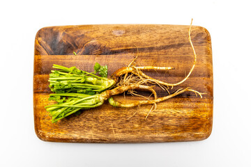 Flat lay (Top view) of fresh organic coriander roots isolated on wooden board background.