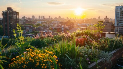 A lush rooftop garden overlooking a city, captured at sunrise. Plants and flowers bask in the...