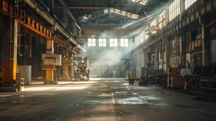 Golden sunlight shining through factory windows - Sunlight streams into a large factory hall, highlighting dust particles and providing a sense of tranquillity - obrazy, fototapety, plakaty