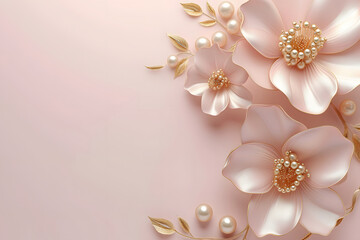 3Dフローラルと白い真珠のピンク背景 - obrazy, fototapety, plakaty