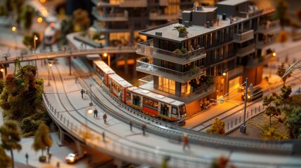 A model showcasing apartments built around a transit hub, with mini construction tools laying down 
