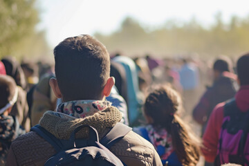 A crowd of refugees crosses the border. Backdrop with selective focus and copy space - obrazy, fototapety, plakaty