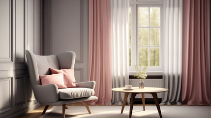 Fototapeta na wymiar A gray armchair with a pink cushion sits in a living room with a large window and a small table with a vase of flowers on it.