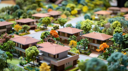 A model showing homes surrounded by landscaped buffer zones, with mini construction scenes - obrazy, fototapety, plakaty