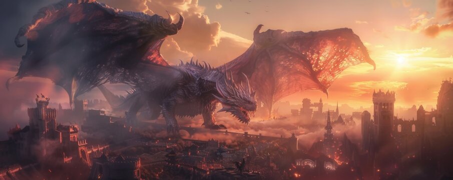 Majestic dragon flying over a fantasy city - A breathtaking image of a giant dragon with spread wings soaring above a mystical city during sunset, evoking wonder and adventure