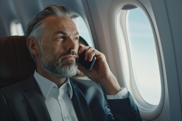 A man with a beard and formal wear sits on a plane, gesturing while talking on a cell phone. He wears a tie, possibly an aerospace manufacturer traveling to an event