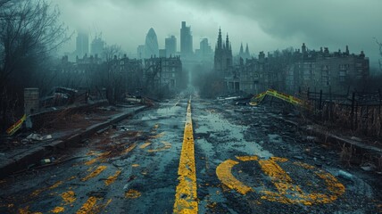 Path through a deserted urban landscape - A post-apocalyptic scene featuring a path leading through a deserted urban landscape with overcast sky - obrazy, fototapety, plakaty