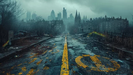 Fotobehang Path through a deserted urban landscape - A post-apocalyptic scene featuring a path leading through a deserted urban landscape with overcast sky © Tida