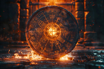 An intricately carved rune shield emanates an ethereal glow, surrounded by fiery sparks and embers.
