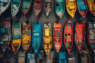 The weathered appearance of the rowboats adds character to the serene scene, where they await their...