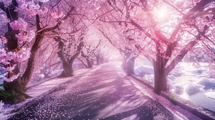 A path lined with cherry blossom trees in full bloom, creating a tunnel of pink flowers. Soft sunlight filters through the petals, creating a warm and inviting atmosphere. 