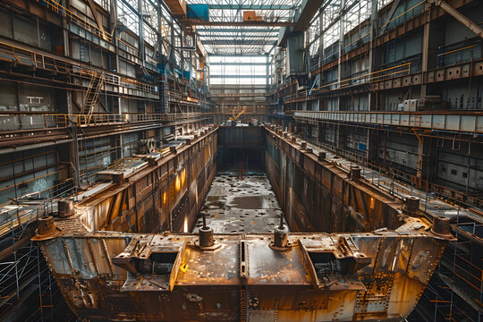 In a captivating historic photograph, the grandeur of shipbuilding in an old shipyard is vividly portrayed, highlighting the construction of a substantial vessel with remarkable detail and artistry.