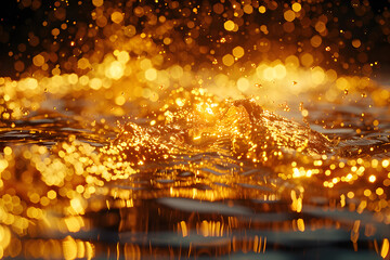 The warm golden bokeh lights dance and sparkle across the glistening wet surface, infusing the scene with an enchanting radiance that captivates the senses.