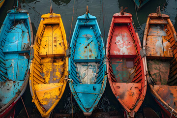 Rustic, weathered rowboats in vibrant colors tied up along a tranquil dockside.
