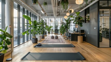 A peaceful office space designed with employee well-being in mind, featuring yoga mats, standing 
