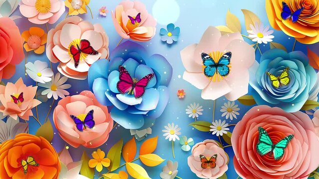 paper art flowers background paper cut stock. seamless looping overlay 4k virtual video animation background