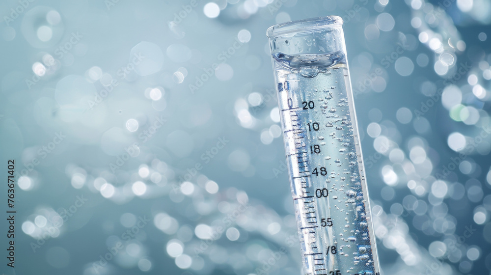 Poster closeup of a test tube filled with a clear liquid with a thermometer attached to the side and number