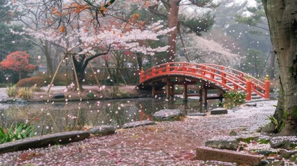 A serene park filled with blooming cherry blossom trees. Petals fall gently like snow, covering