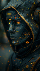 A man with a hooded sweatshirt on and a face with glowing eyes. The image is a work of art and has a futuristic, sci-fi feel to it