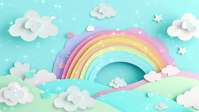 pastel colors rainbow and clouds on a light blue sky. seamless looping overlay 4k virtual video animation background