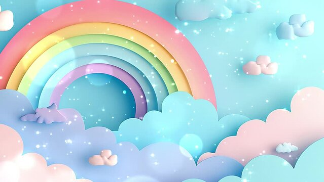 pastel colors rainbow and clouds on a light blue sky background. paper illustration.  seamless looping overlay 4k virtual video animation background
