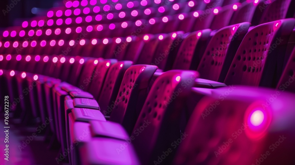 Poster a sports arena with seats that can change color and patterns creating a dynamic atmosphere.