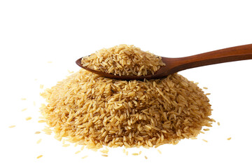  whole grain brown or red rice in spoon on heap,cutout transparent background,png format,top view