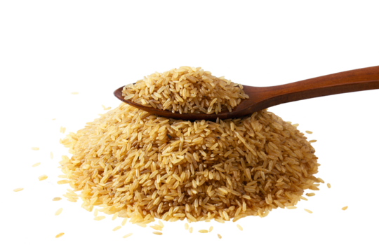  whole grain brown or red rice in spoon on heap,cutout transparent background,png format,top view