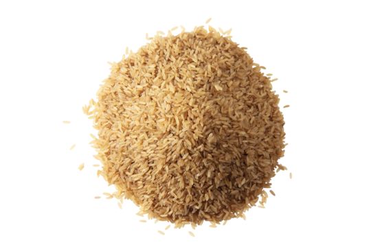 heap of whole grain brown or red rice in cutout transparent background,png format,top view