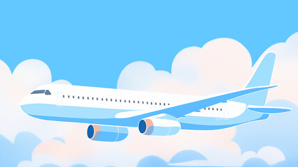 Hand drawn cartoon illustration of passenger plane flying in the blue sky