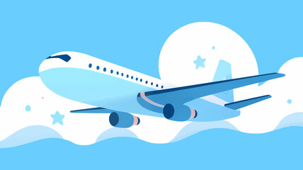 Hand drawn cartoon illustration of passenger plane flying in the blue sky - obrazy, fototapety, plakaty