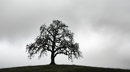 Stoic Silhouette. A lone tree's silhouette against an overcast sky, a timeless symbol of resilience on the hilltop.