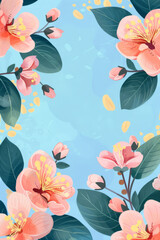 Fototapeta premium Pink blossoms illustration on turquoise background - A captivating illustration of pink blossoms and rich foliage presented on a refreshing turquoise backdrop ideal for various creative projects