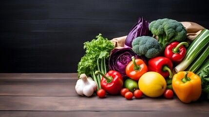  A vibrant arrangement of fresh vegetables, including peppers, tomatoes, and leafy greens, displayed on a wooden table against a dark background.
