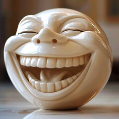 Smiling ceramic decorative face on tabletop - A ceramic decor piece showcasing a caricatured face with an exaggerated smile is set against a soft background