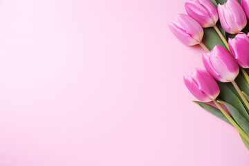 Pink tulips on a pink background, spring copy space for text, Generative Ai 